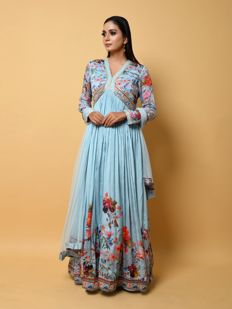 Blue Pure Georgette Gown with Digital Print and Hand Cutdana Work, Paired with a Pure Net Dupatta