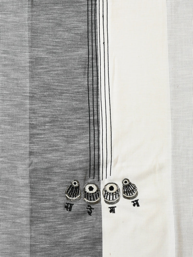 Grey and White Cotton Suit with Hand Embroidery