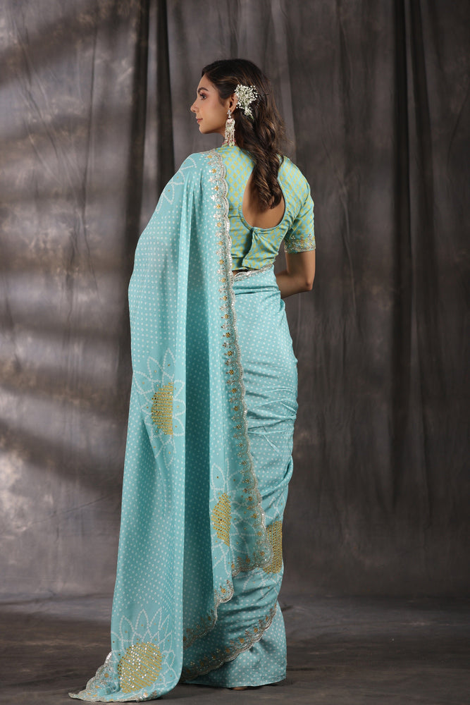 Blue Muslin Saree - Captivating Bandhani with Enchanting Mirror Work