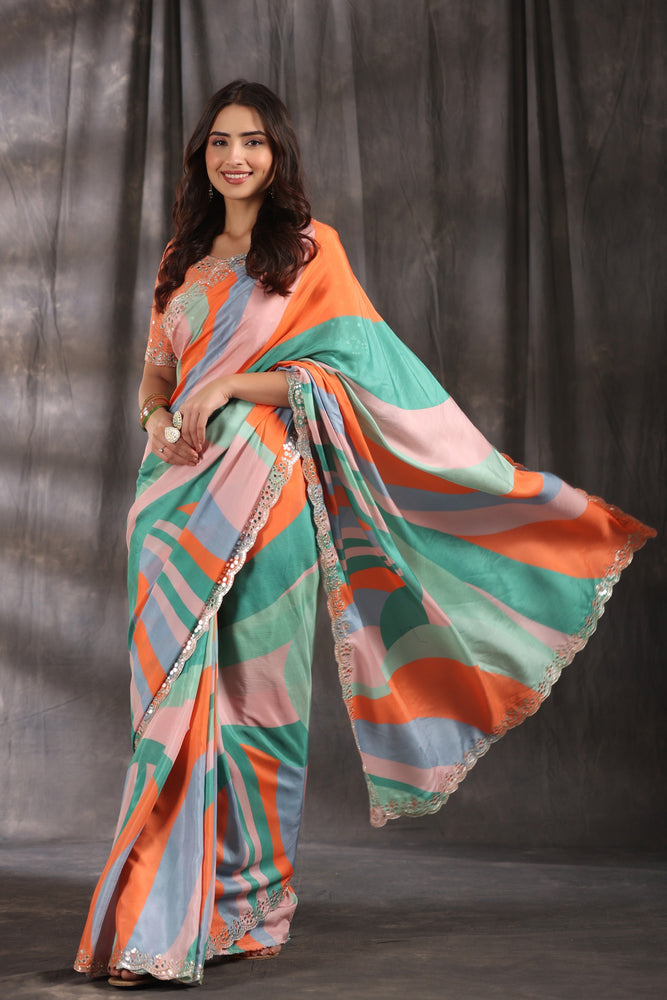 Multi-coloured Muslin Saree - Vibrant Prints with Scalloped Mirror Border