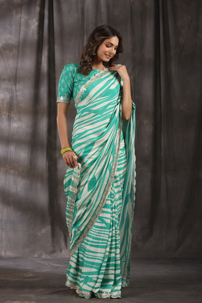 Cream and Blue Muslin Saree - Timeless Elegance with Chic Stripes and Graceful Scallop Mirror Border