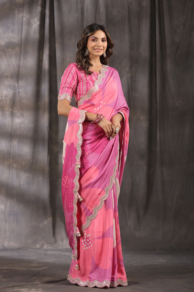 Pink Muslin Saree with Bold Flower Prints and Hand Gota Embroidery