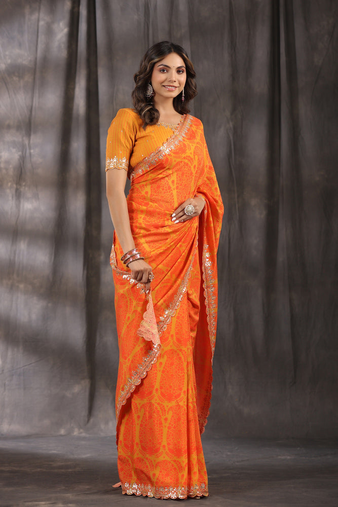 Yellow and Orange Pure Muslin Saree with Traditional Print and Mirror Scallop Border, and Lehriya Blouse