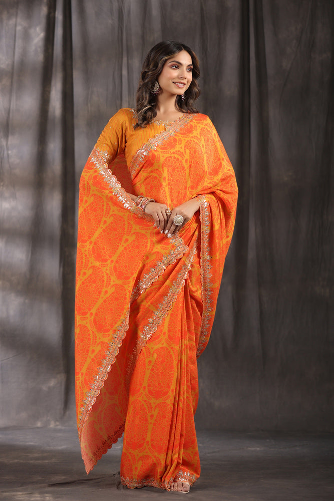 Yellow and Orange Pure Muslin Saree with Traditional Print and Mirror Scallop Border, and Lehriya Blouse