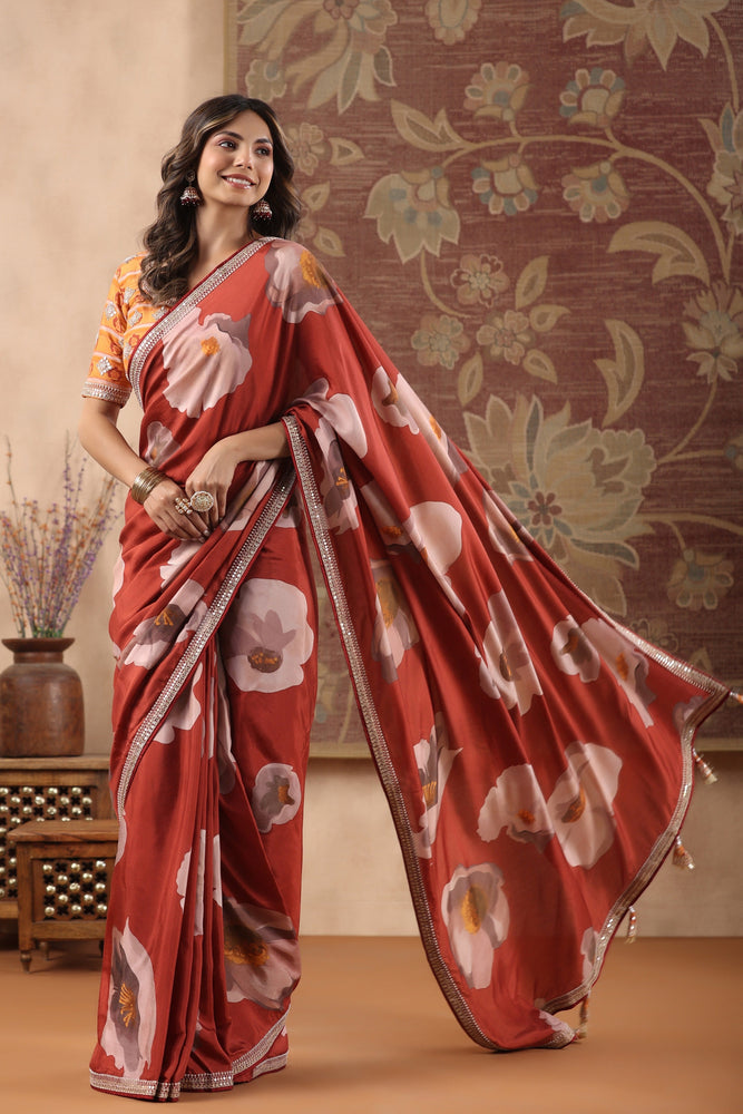 Charming Red Pure Muslin Saree with Bold Flower Prints and Gota Embroidery Border