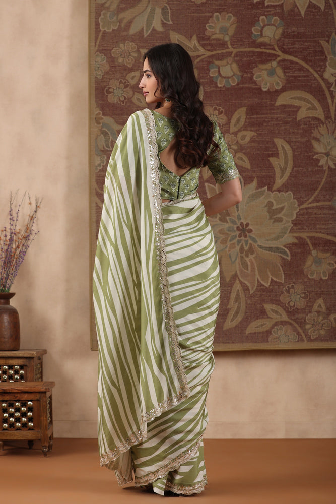 Chic Cream and Green Muslin Saree with Horizontal Stripes and Mirror Scallop Border