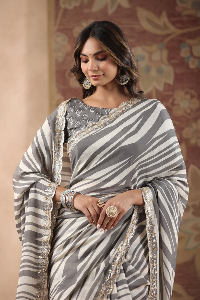 Sophisticated Grey and Cream Muslin Saree with Horizontal Stripes Prints and Mirror Scallop Border