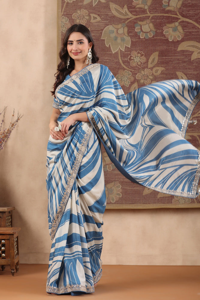 Chic Cream and Blue Muslin Saree with Geometrical Prints and Hand Gota and Pearl Border
