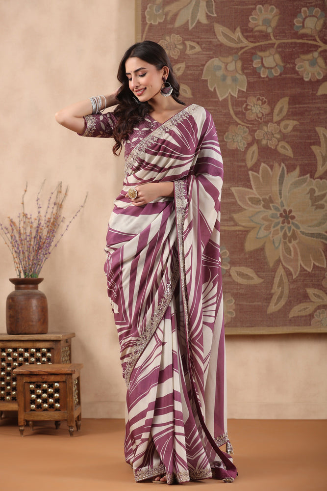 Graceful Beige and Wine Muslin Saree with Chic Geometrical Prints and Hand Embroidered Gota and Cutdana Work