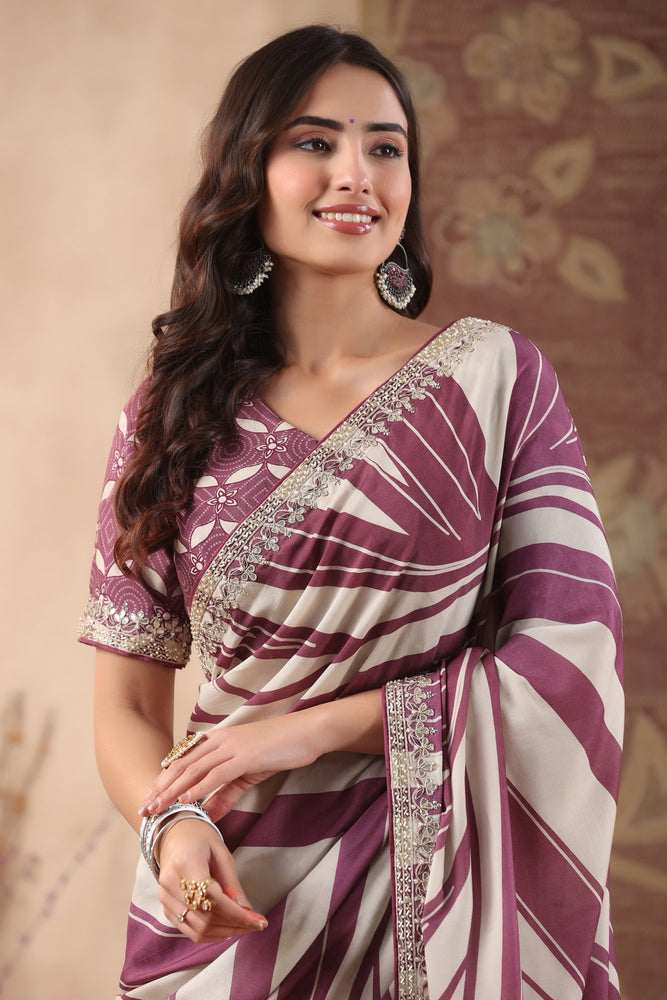 Graceful Beige and Wine Muslin Saree with Chic Geometrical Prints and Hand Embroidered Gota and Cutdana Work