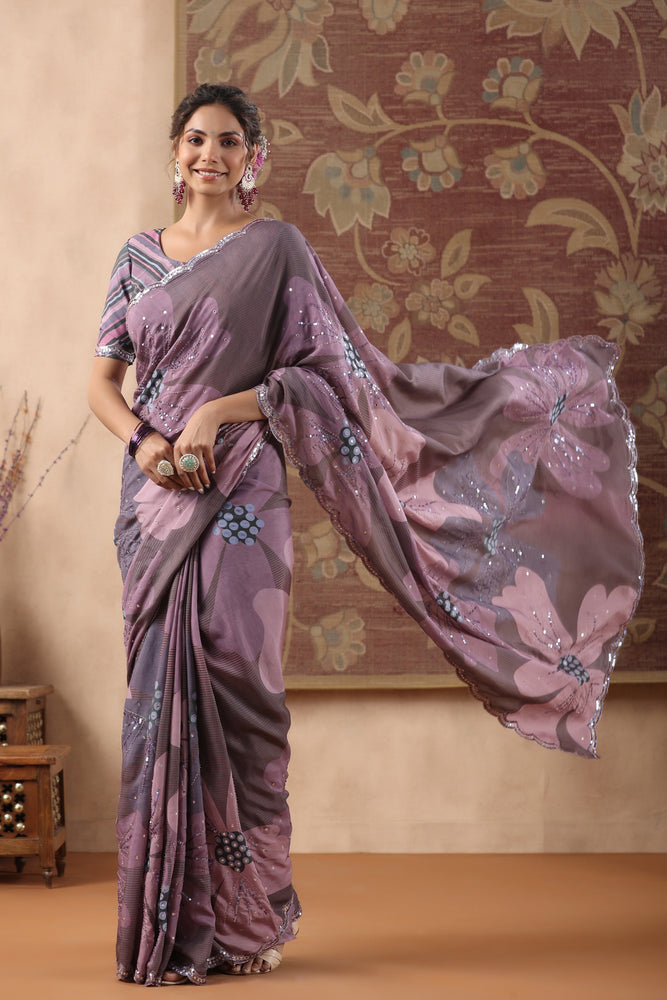 Embrace Floral Charm with Purple Muslin Saree - Artistic Handiwork and Timeless Appeal