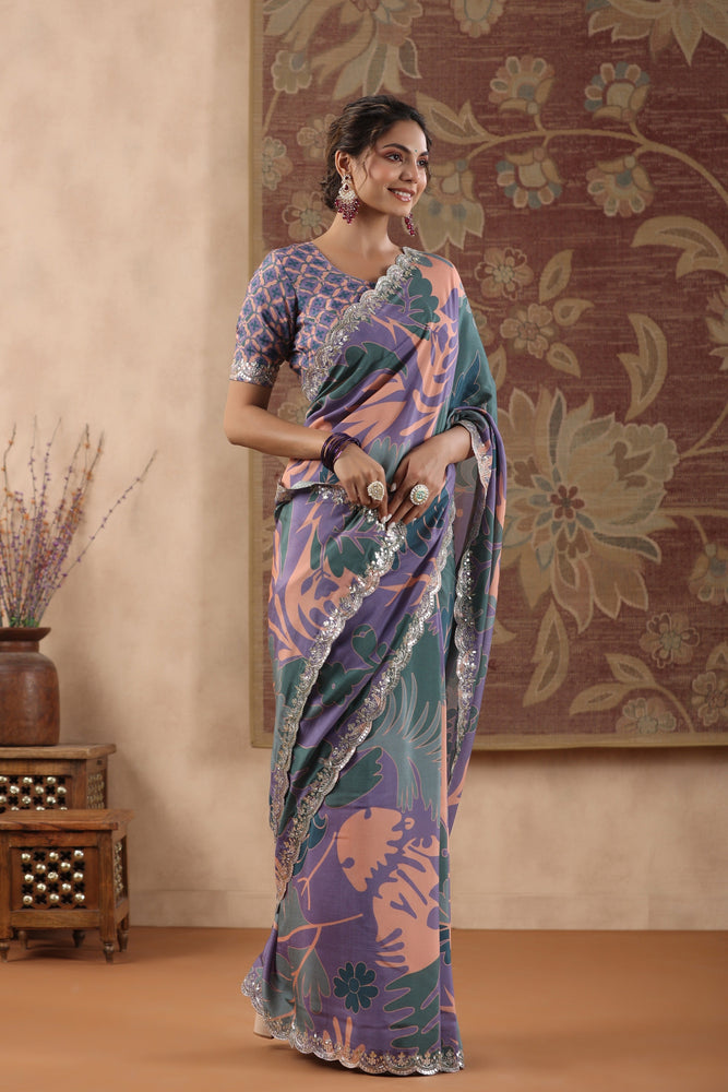 Elevate Your Style with Purple Muslin Saree - Artistic Craftsmanship and Vibrant Beauty.