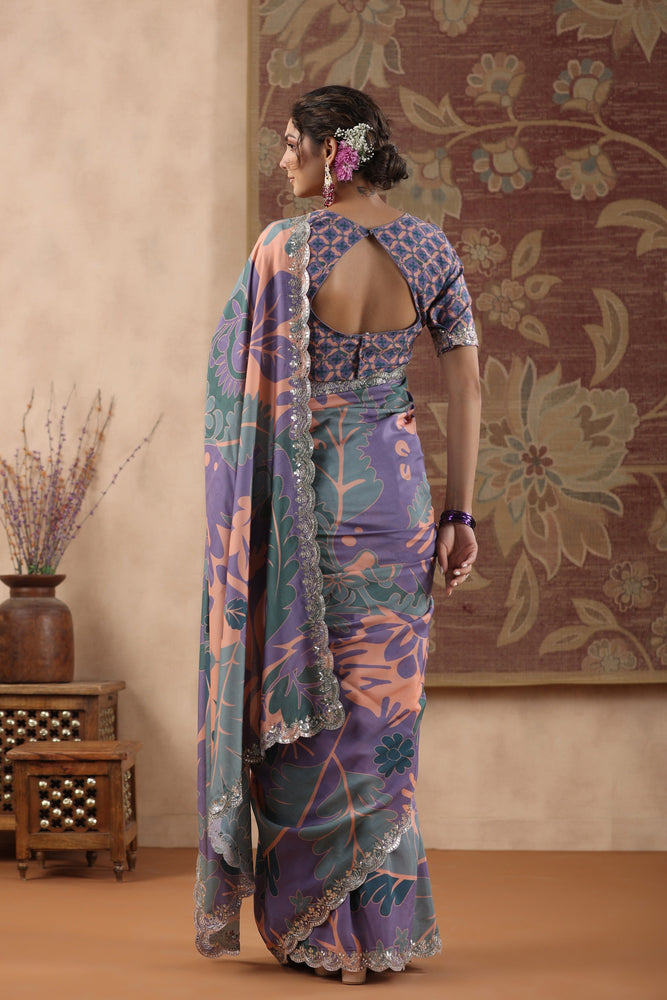 Elevate Your Style with Purple Muslin Saree - Artistic Craftsmanship and Vibrant Beauty.