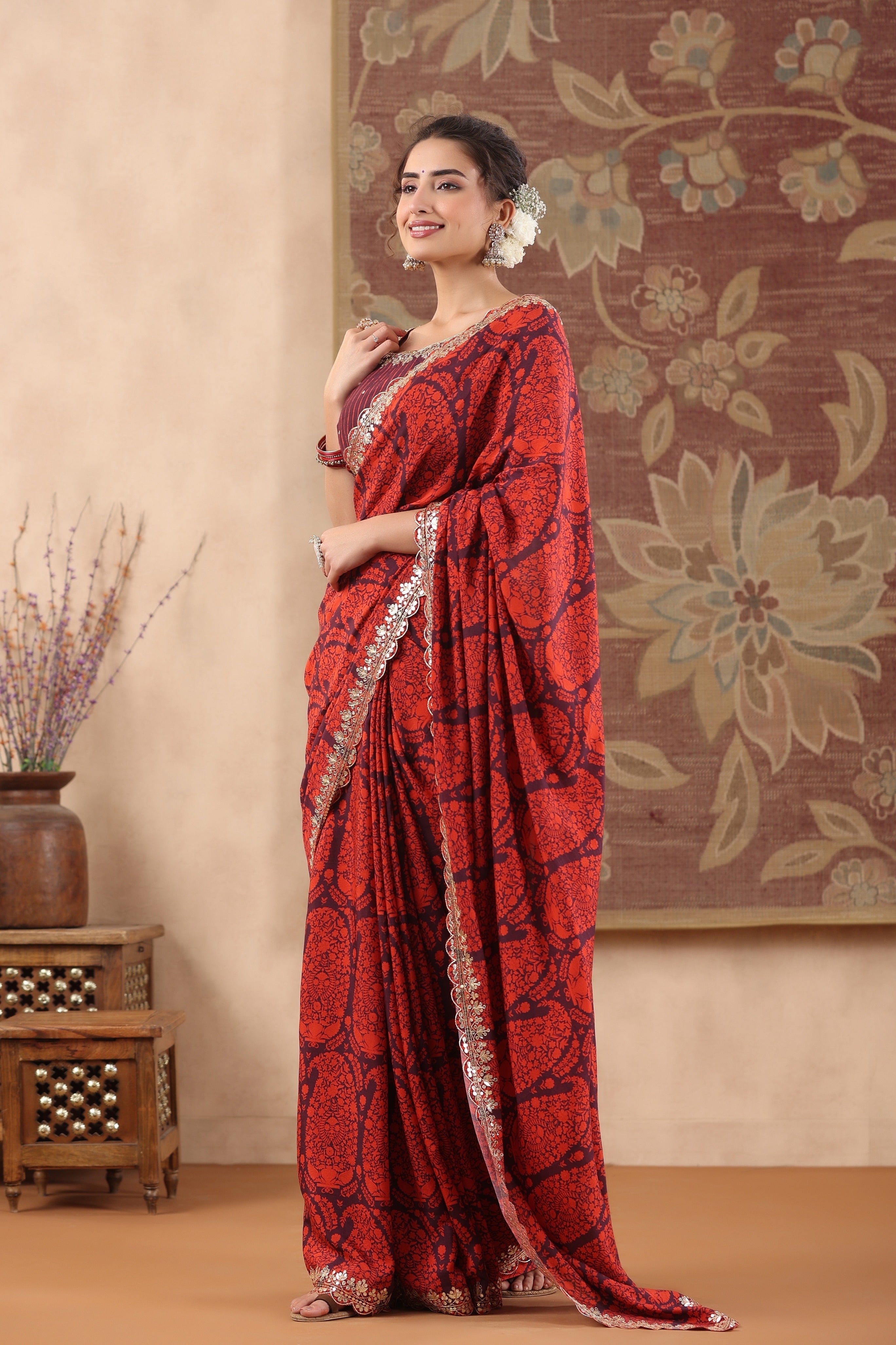 Buy Wine Red Sequins Embroidered Tussar Silk Saree Online | Samyakk