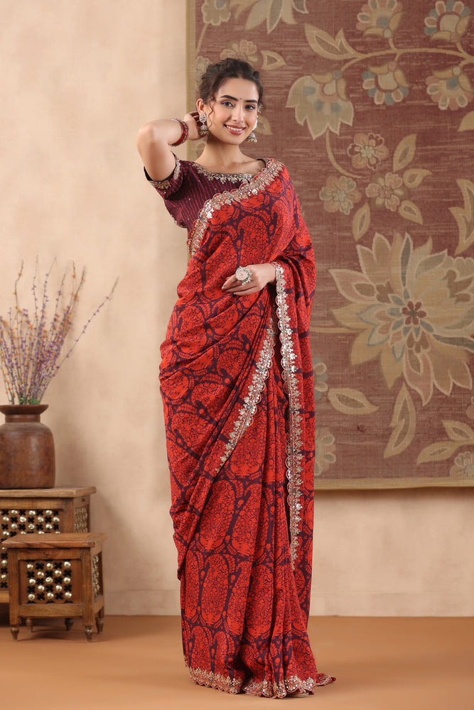 Elevate Your Style with Wine and Red Muslin Saree.