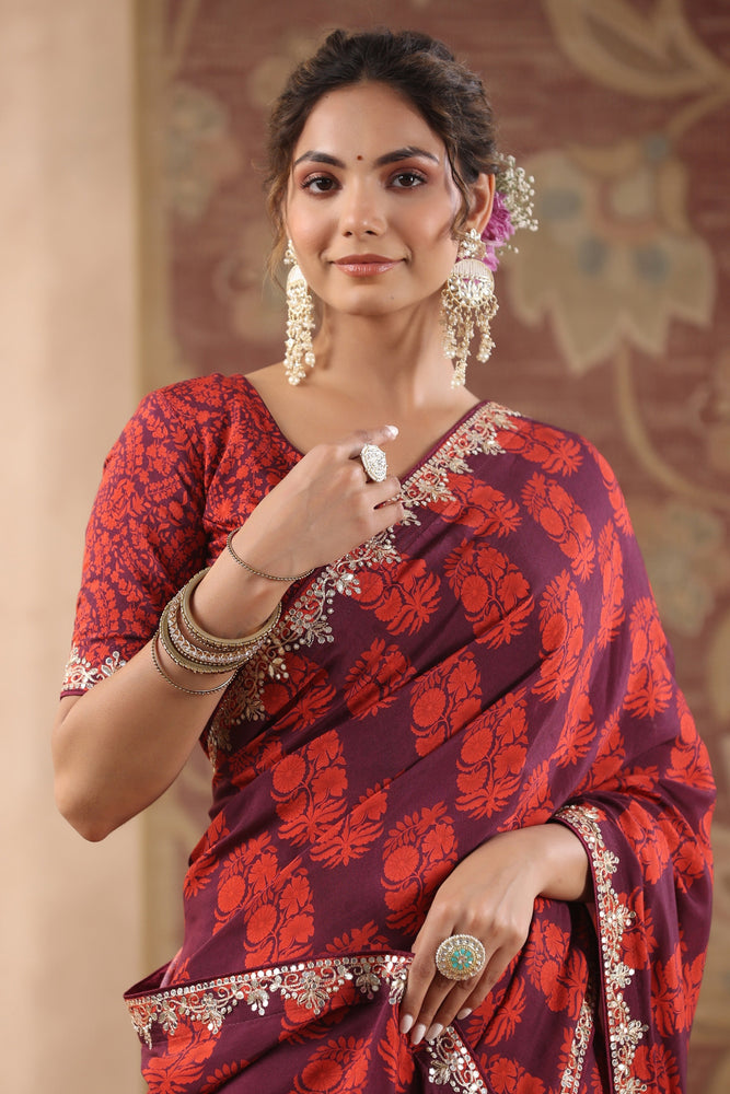 Elevate Your Style with Wine and Red Muslin Saree with Mirror work.