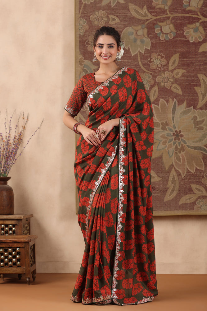 Style with Muslin Saree with Gota work and Mirror Border.