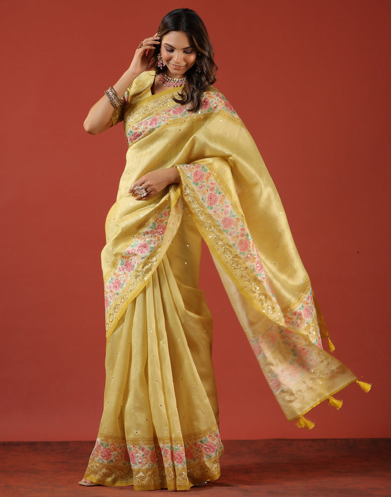Yellow Handloom Tussar Saree - Radiant Sunshine with Artistic Fusion