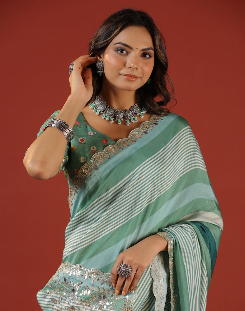 Green Pure Muslin Saree - Natural Elegance with Shimmering Accents