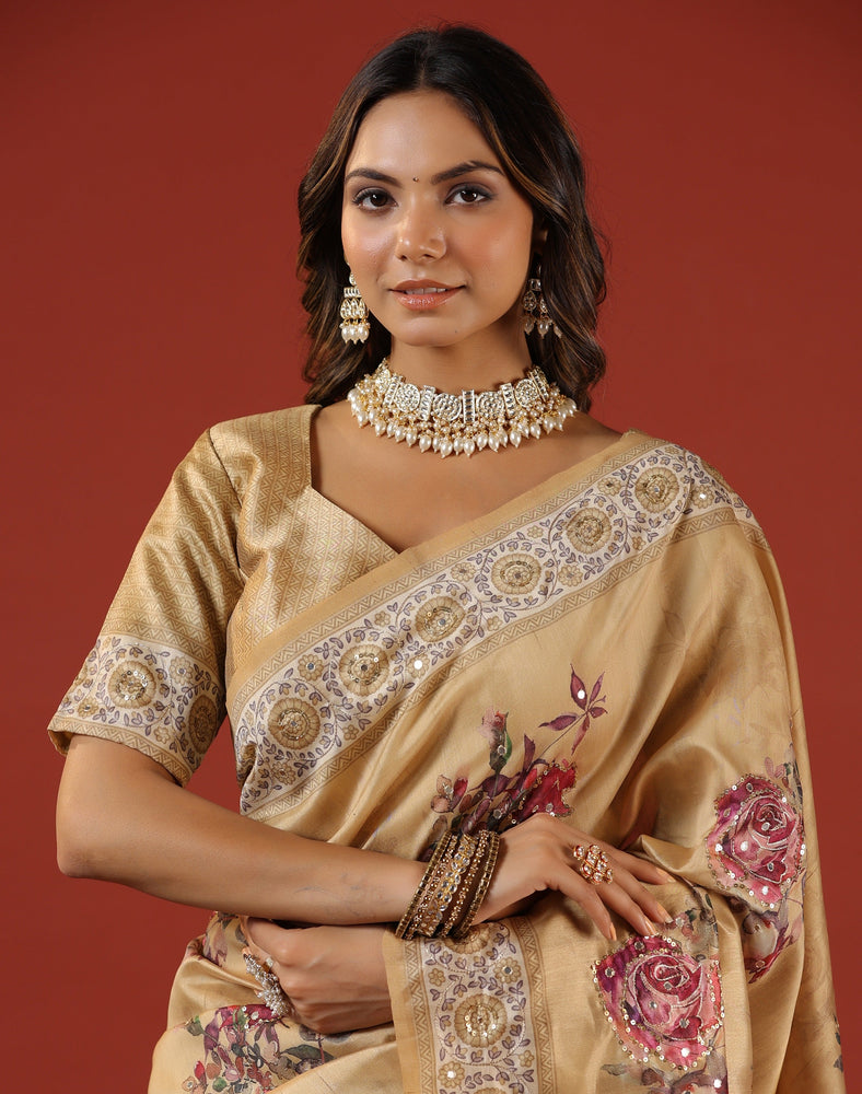 Mustard Tussar Saree - Golden Blossoms with Reflective Mirror and Ari Work