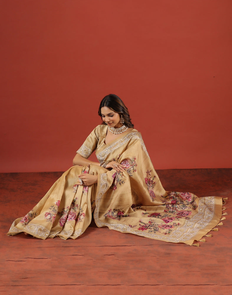 Mustard Tussar Saree - Golden Blossoms with Reflective Mirror and Ari Work