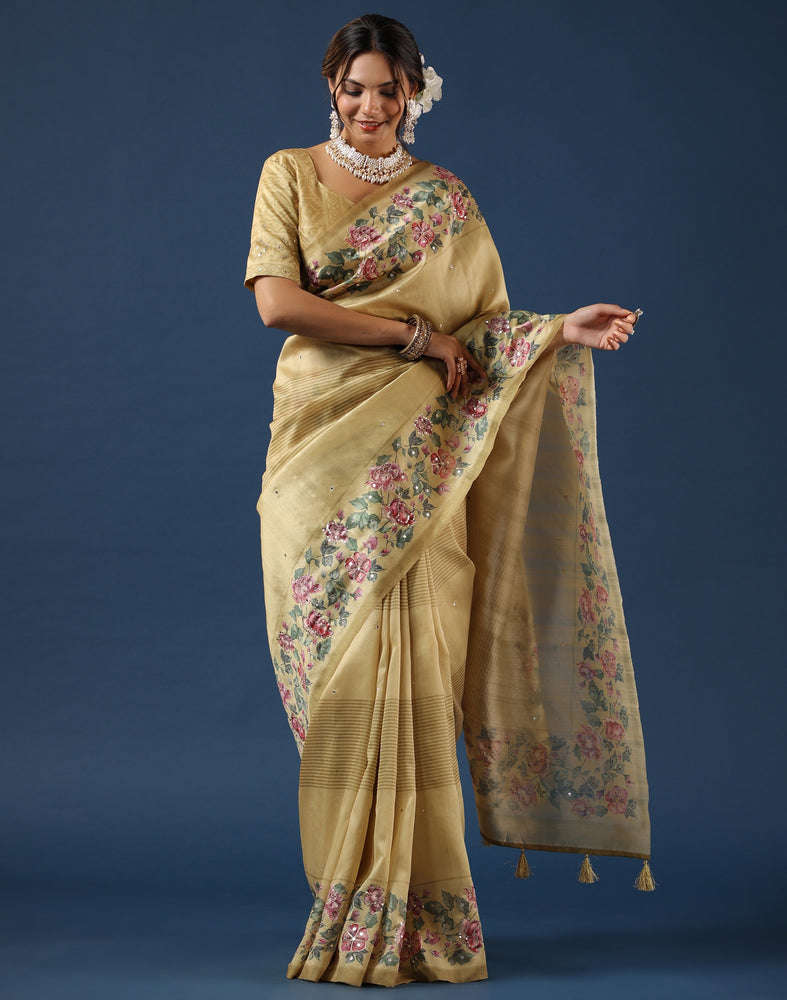 Mustard Tussar Saree - Geometrical Prints with Flower Print Border and Shimmering Accents