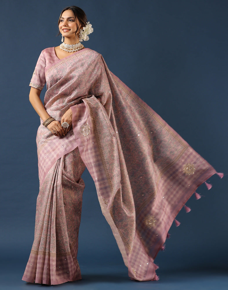 Pink Tussar Saree - Enchanting Kalamkari Print with Mesmerizing Mirror Work and Artistic Hand-Embroidered Butas
