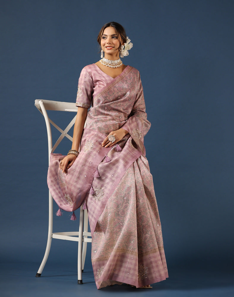 Pink Tussar Saree - Enchanting Kalamkari Print with Mesmerizing Mirror Work and Artistic Hand-Embroidered Butas