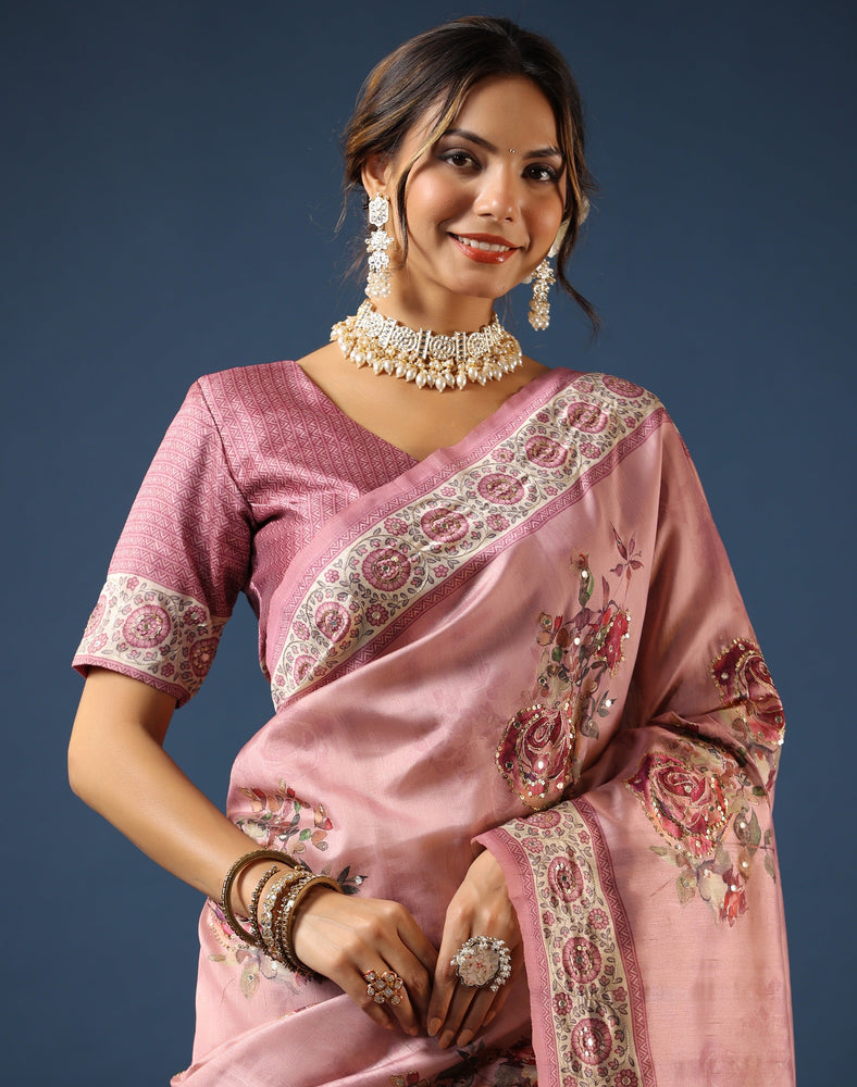 Pink Tussar Saree - Enchanting Handloom Beauty with All-Over Mirror and Aari Work, Paired with Printed Blouse