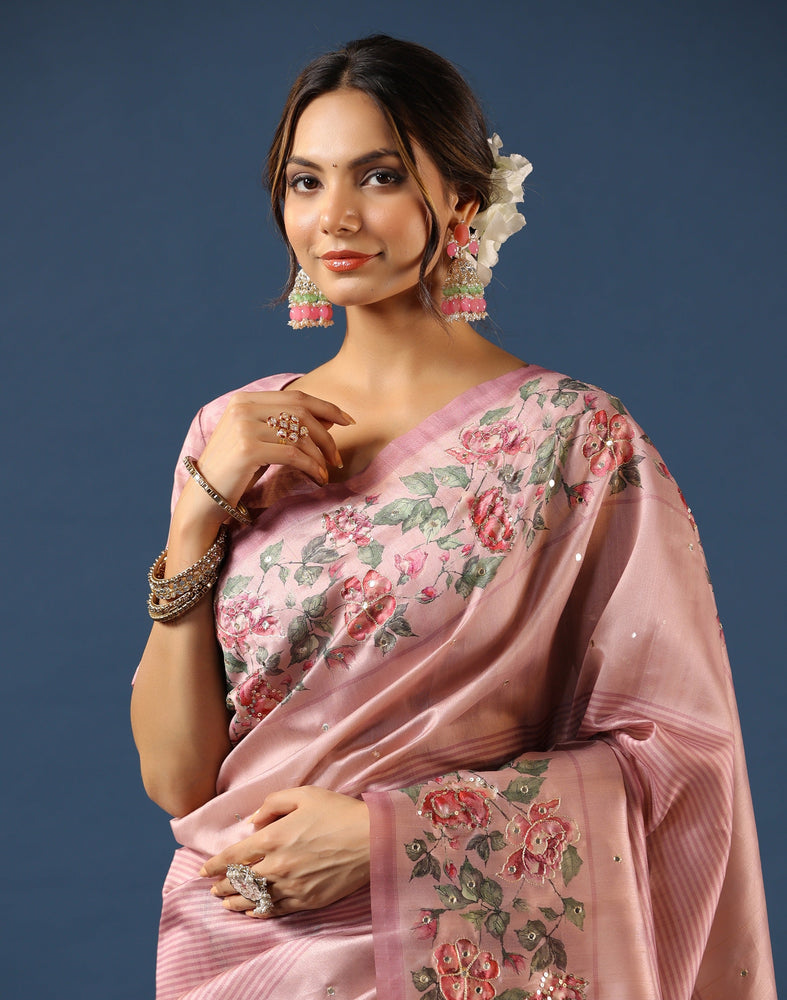 Pink Tussar Saree - Enchanting Geometrical Prints with Vibrant Flower Border