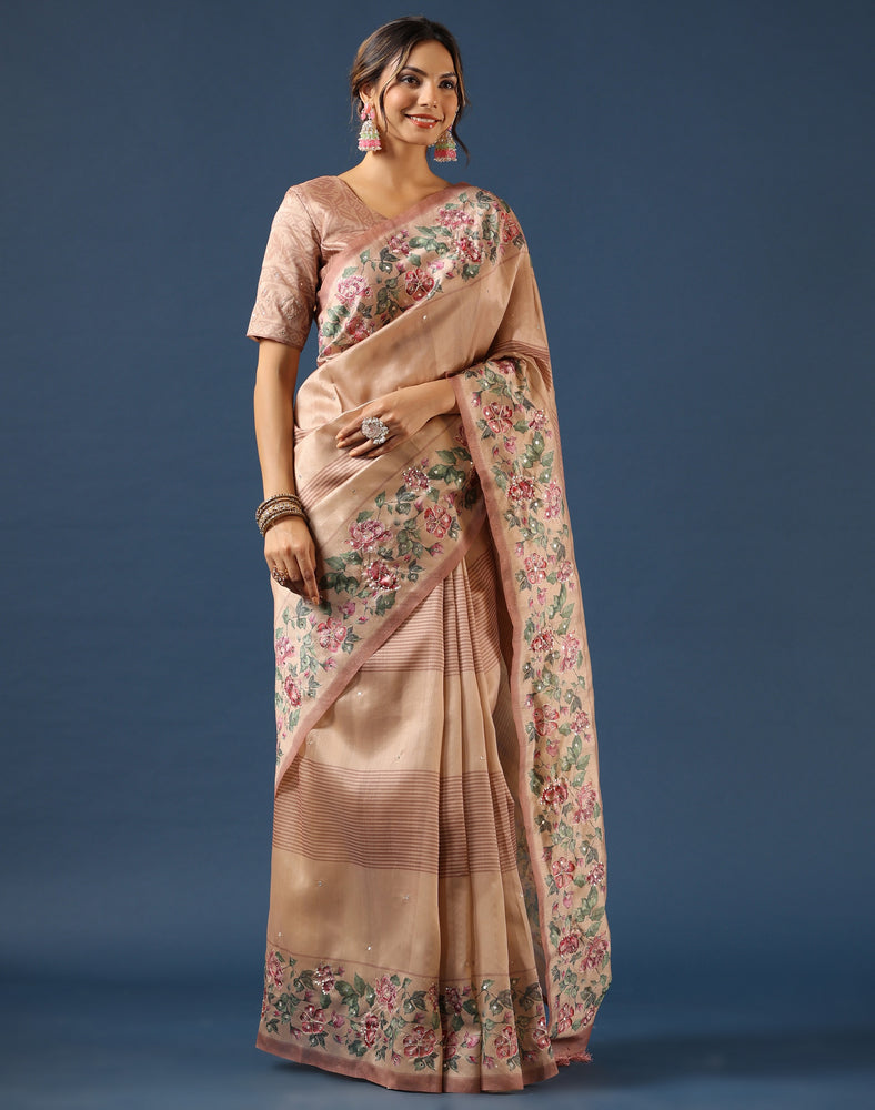 Tussar Saree with Geometrical Print Border Highlighted with Mirror Work