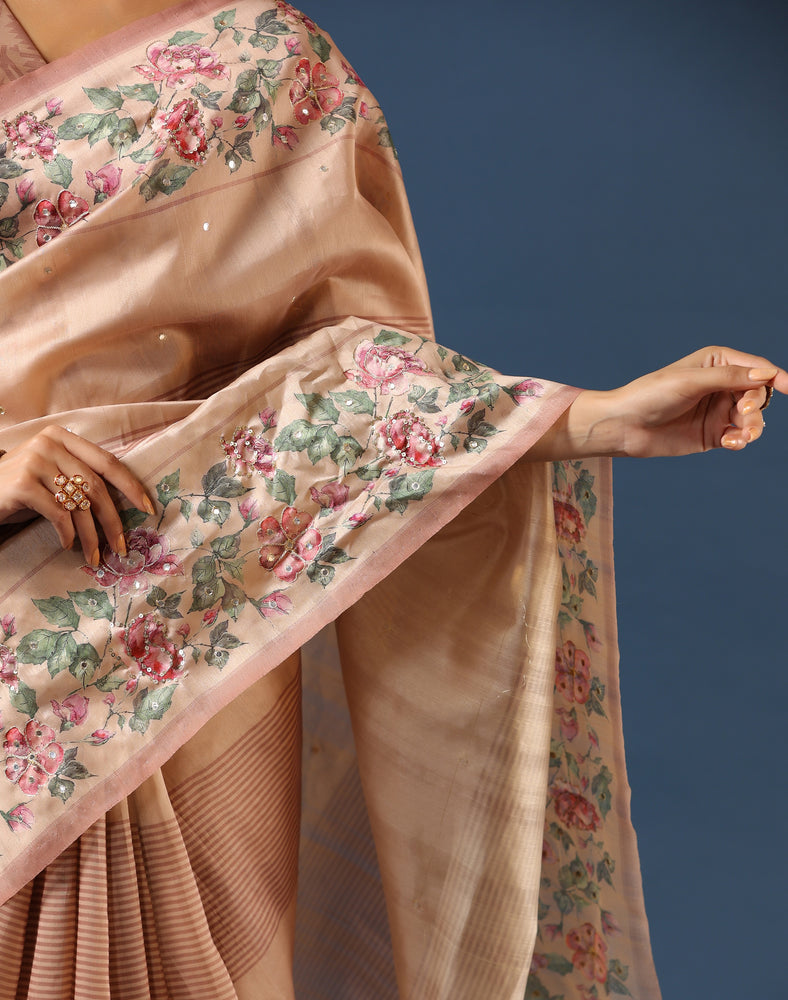 Tussar Saree with Geometrical Print Border Highlighted with Mirror Work