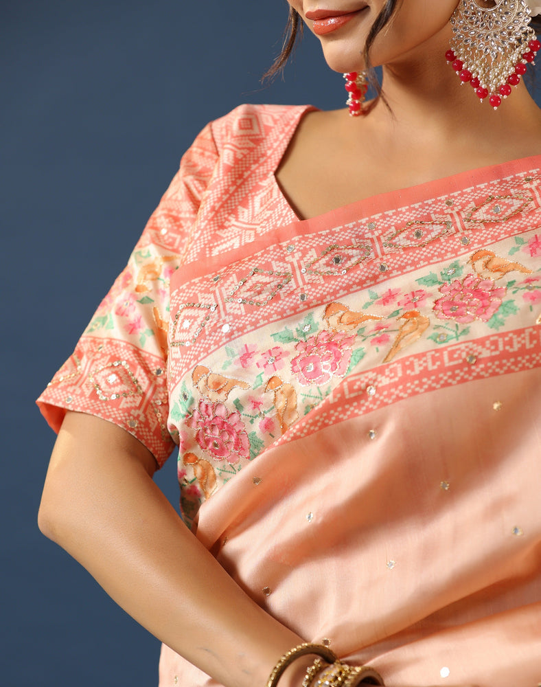 Peach Handloom Tussar Saree with Mirror Embellishments and Digital Print Border