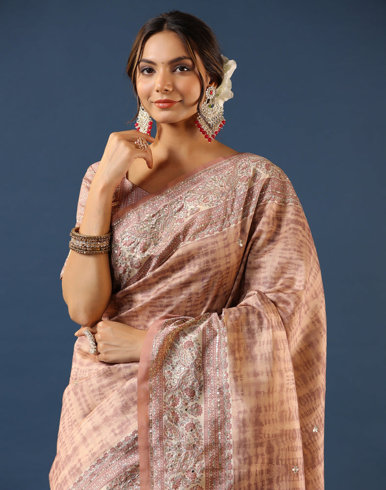 Brown Tussar Saree with Batik Print and Flower Print Border Highlighted with Aari and Mirror Work
