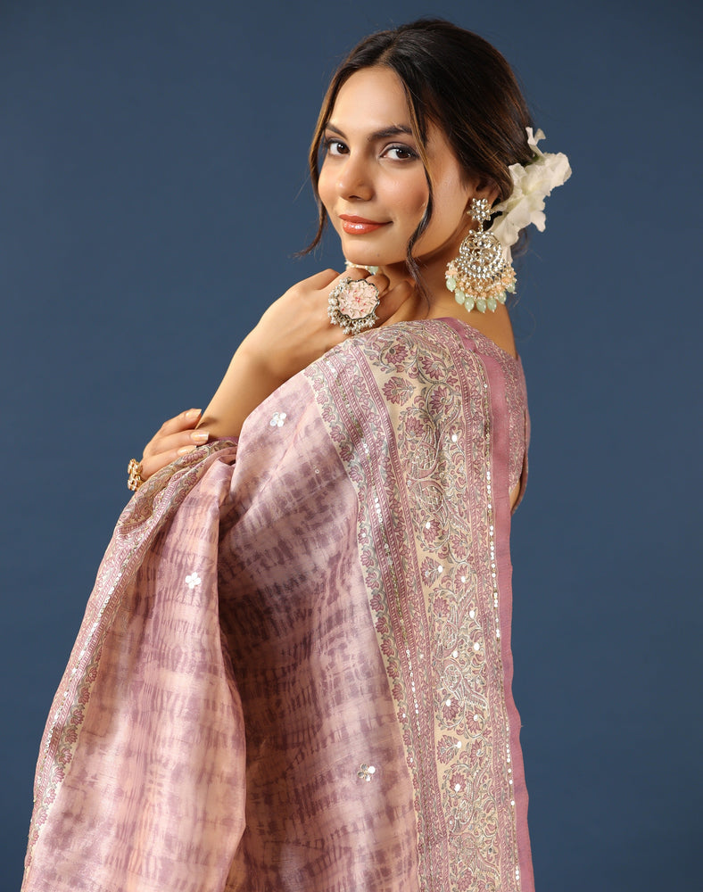 Pink Tussar Saree with Batik Print, Mirror, and Aari Work