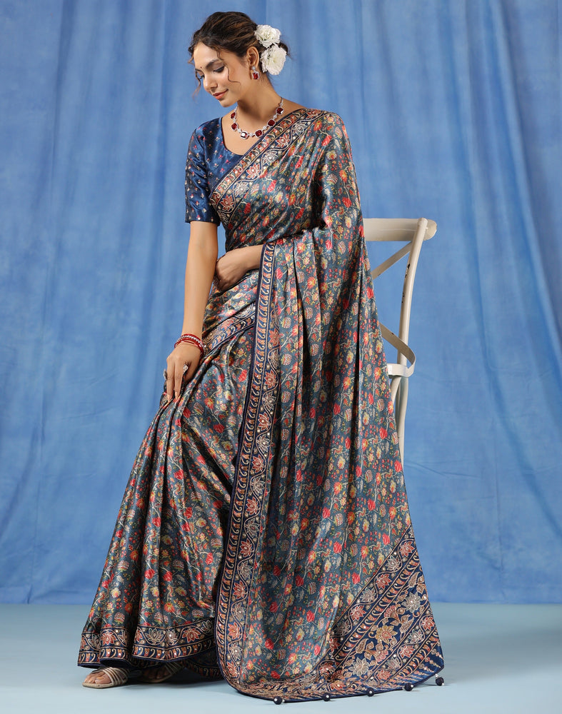 Classic Beauty - Blue Satin Crepe Saree with Timeless Flower Prints and Hand Aari Work