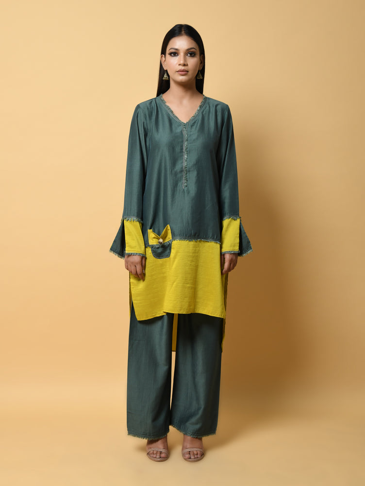 Green and Mustard Pure Cotton Silk Co-ord set with Straight Pants