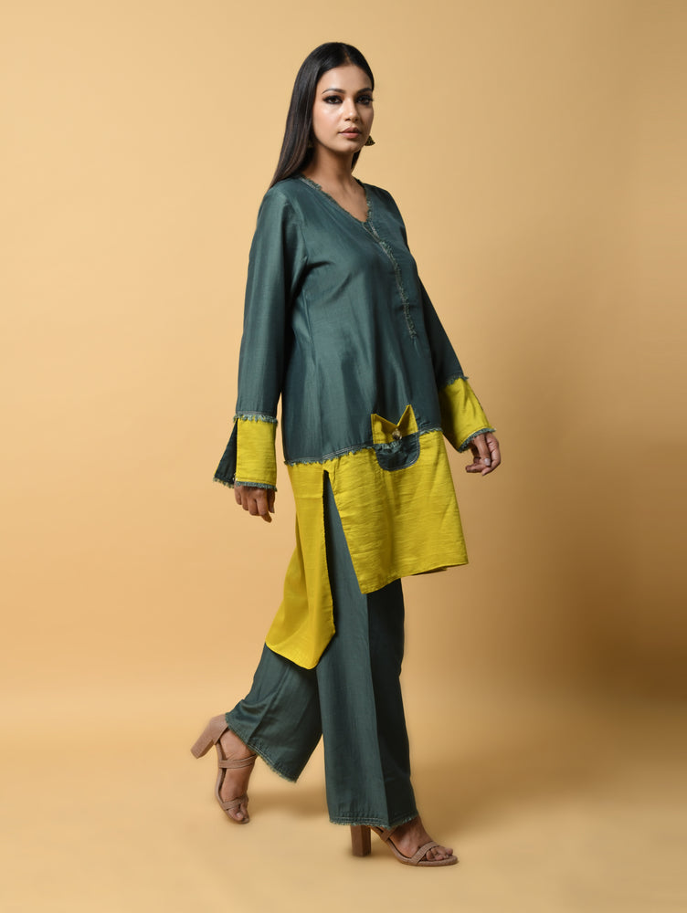 Green and Mustard Pure Cotton Silk Co-ord set with Straight Pants