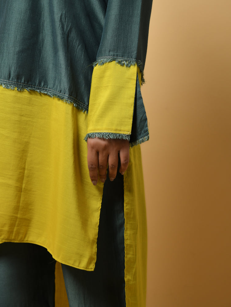 Green and Mustard Pure Cotton Silk Co-ord with Straight Pants