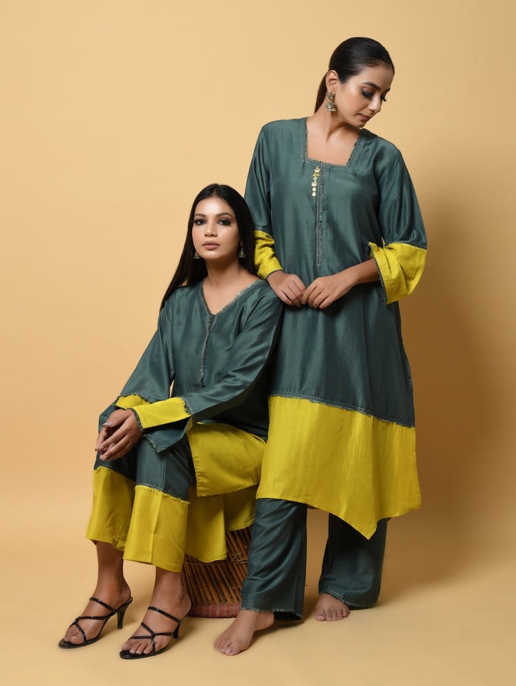 Green and Mustard Pure Cotton Silk Co-ord with Straight Pants