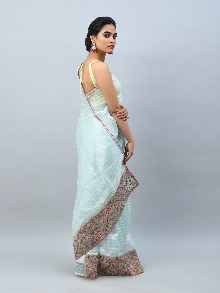 Sky Blue Kora Saree with Horizontal Weaving Stripes