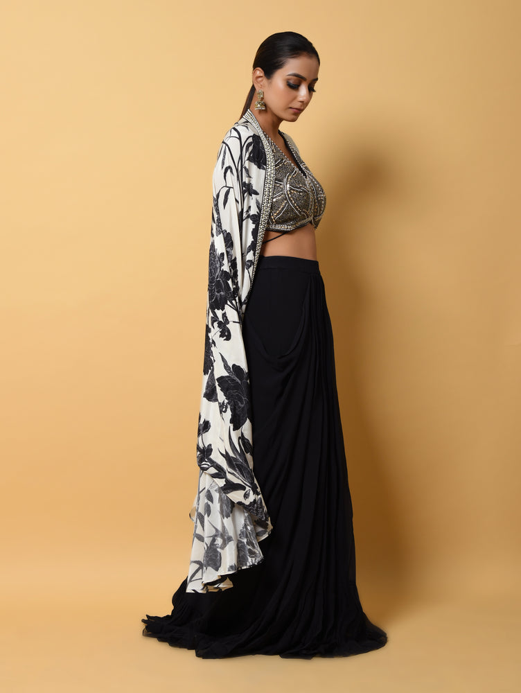 Pure Georgette Black Skirt Set with Hand-Embroidered Blouse and Digital Print Cape