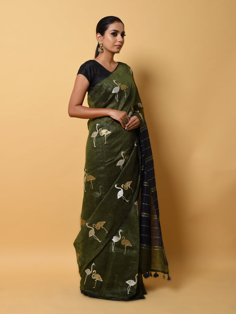 Green Linen Saree with Zari Embroidery and Figure Motives All Over
