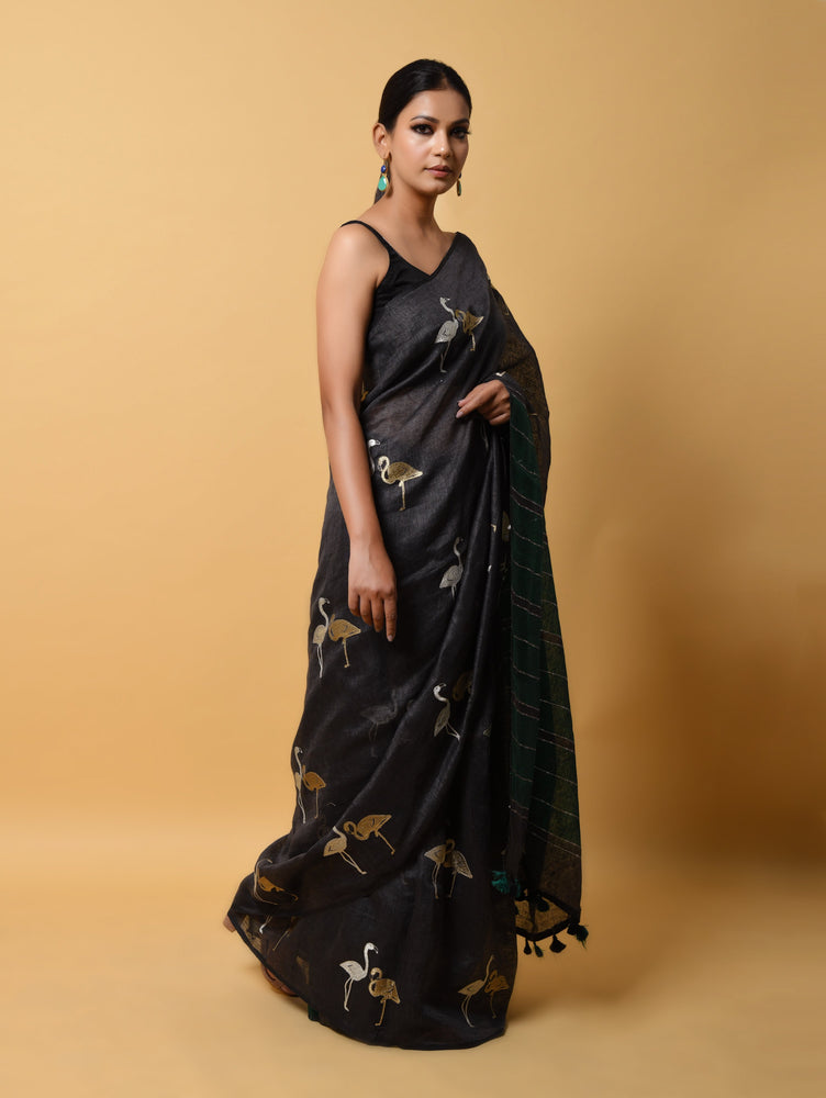 Grey Linen Saree with Zari Embroidery and Figure Motives All Over with Contrast Green Pallu