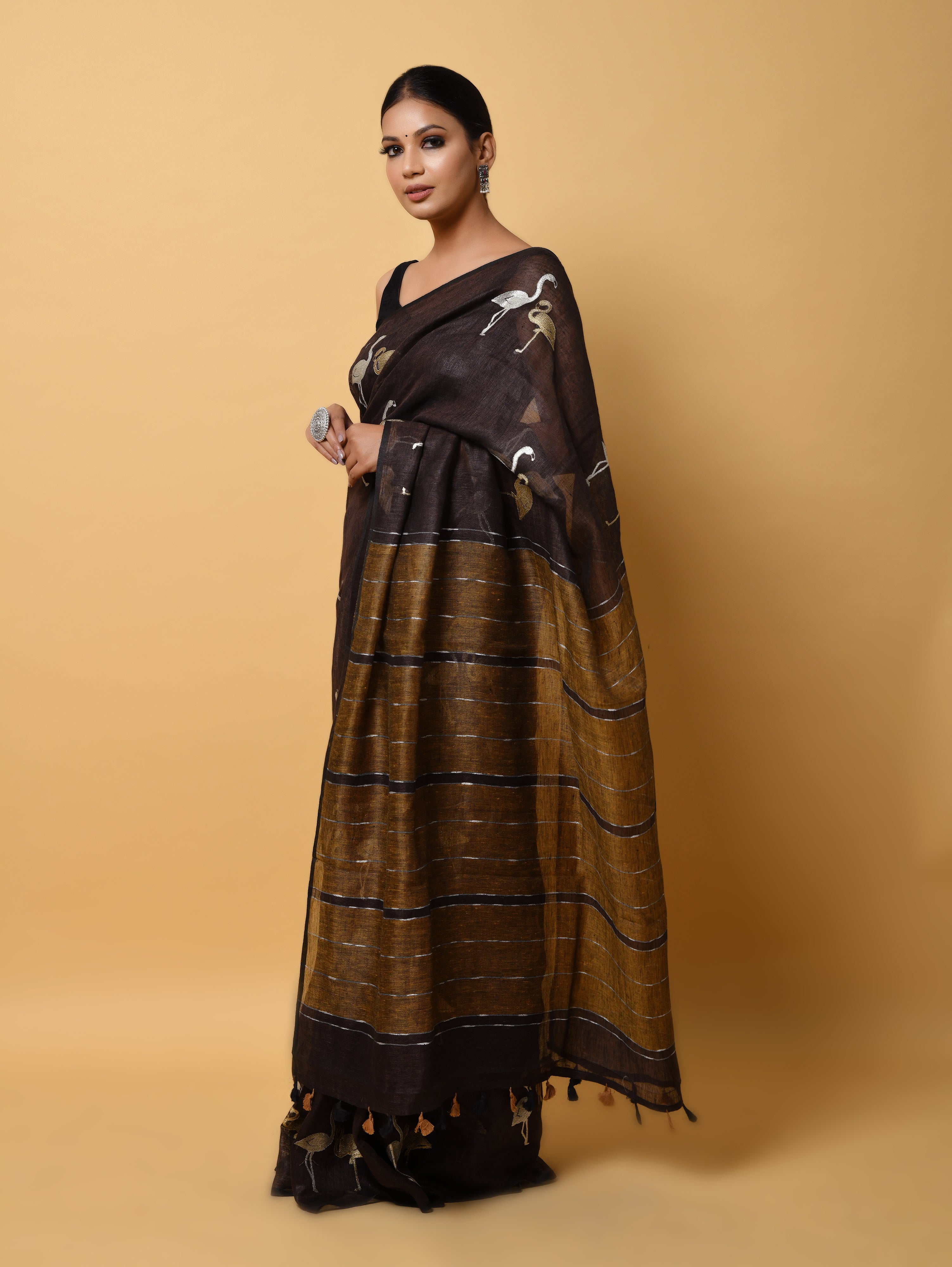 Grey Linen Saree with Zari Embroidery and Figure Motives All Over with Contrast Mustard Pallu