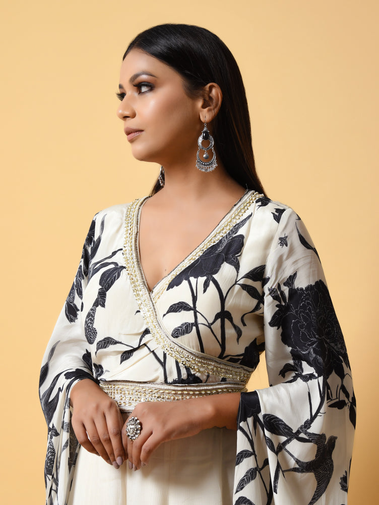 Black and White Georgette Jumpsuit with Digital Print and Printed Long Sleeves