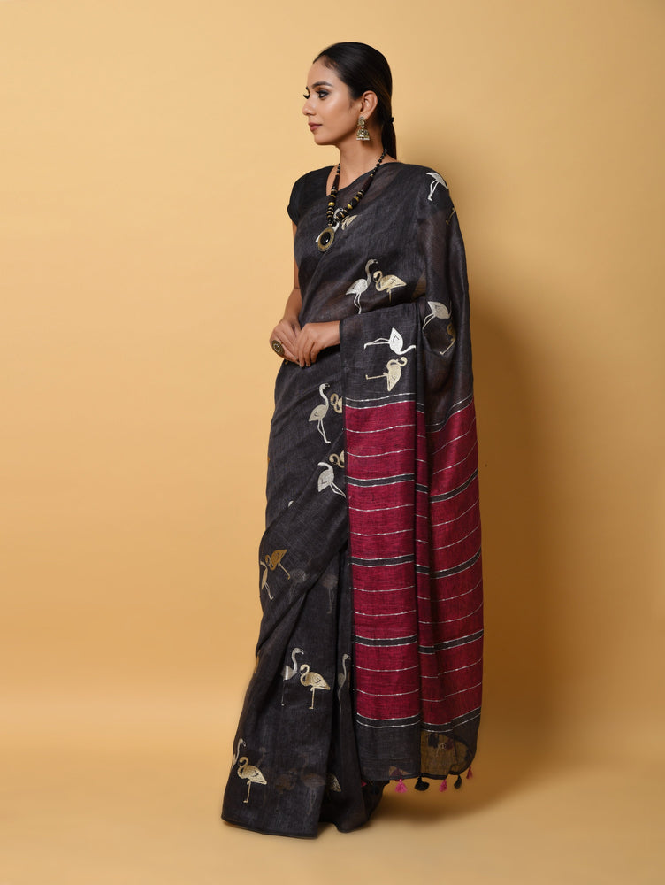Grey Linen Saree with Zari Embroidery and Figure Motives All Over with Contrast Maroon Pallu