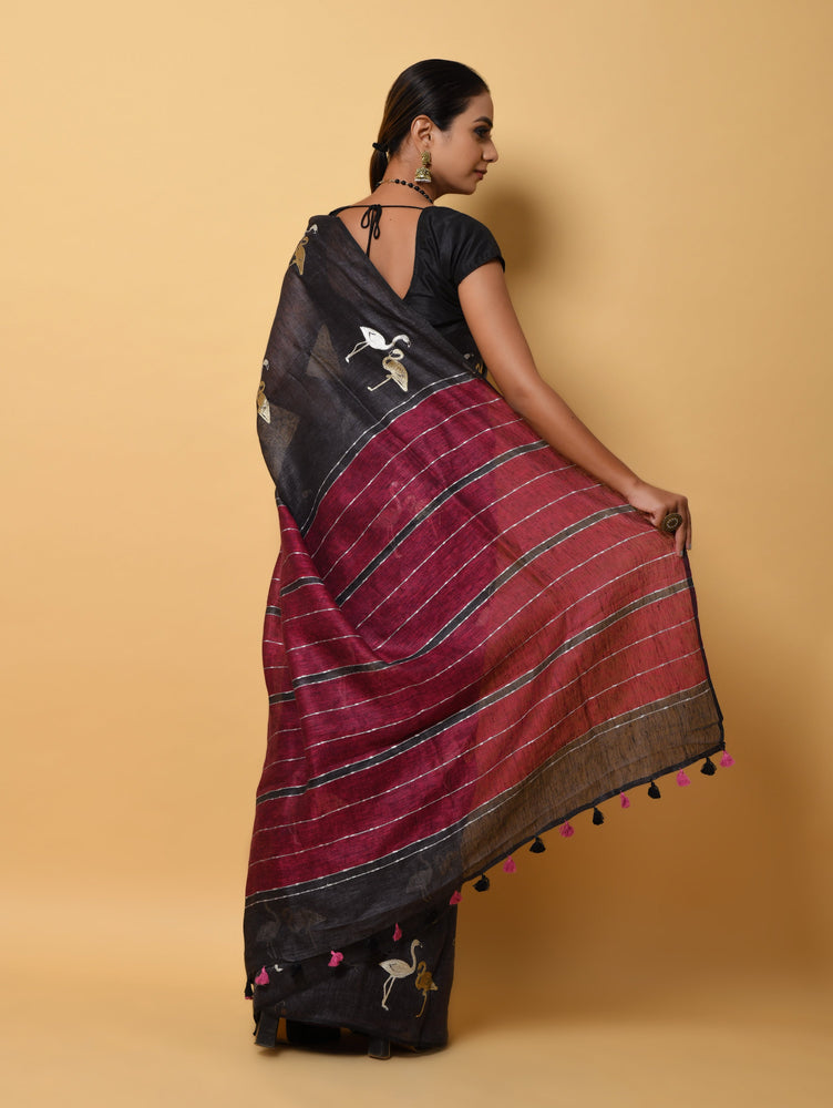 Grey Linen Saree with Zari Embroidery and Figure Motives All Over with Contrast Maroon Pallu