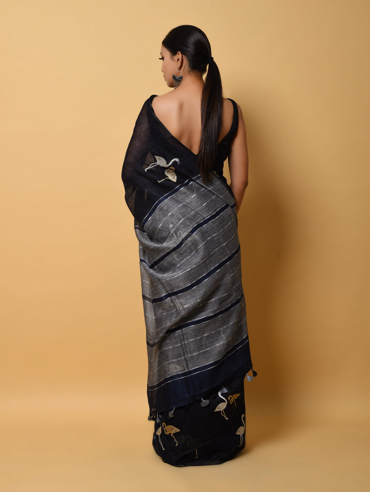Blue Linen Saree with Zari Embroidery and Figure Motives All Over
