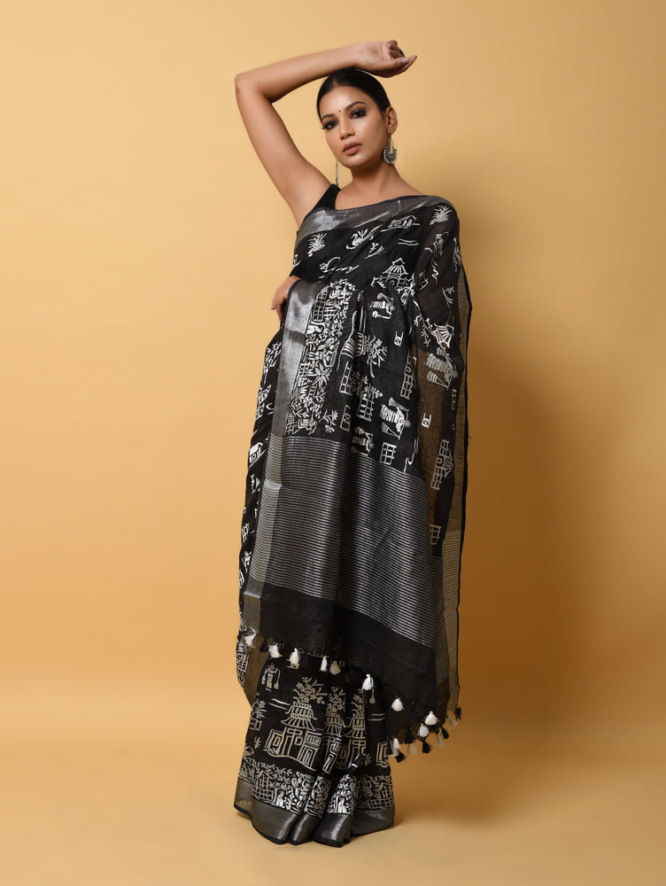 Black Linen Saree with Thread Embroidery in Designer Figure Motives